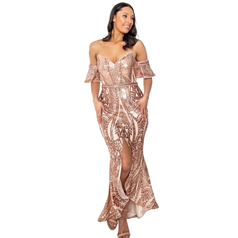 NWT Bariano Rose Gold Sequin Off-Shoulder Flutter Sleeve Formal Gown Size 4